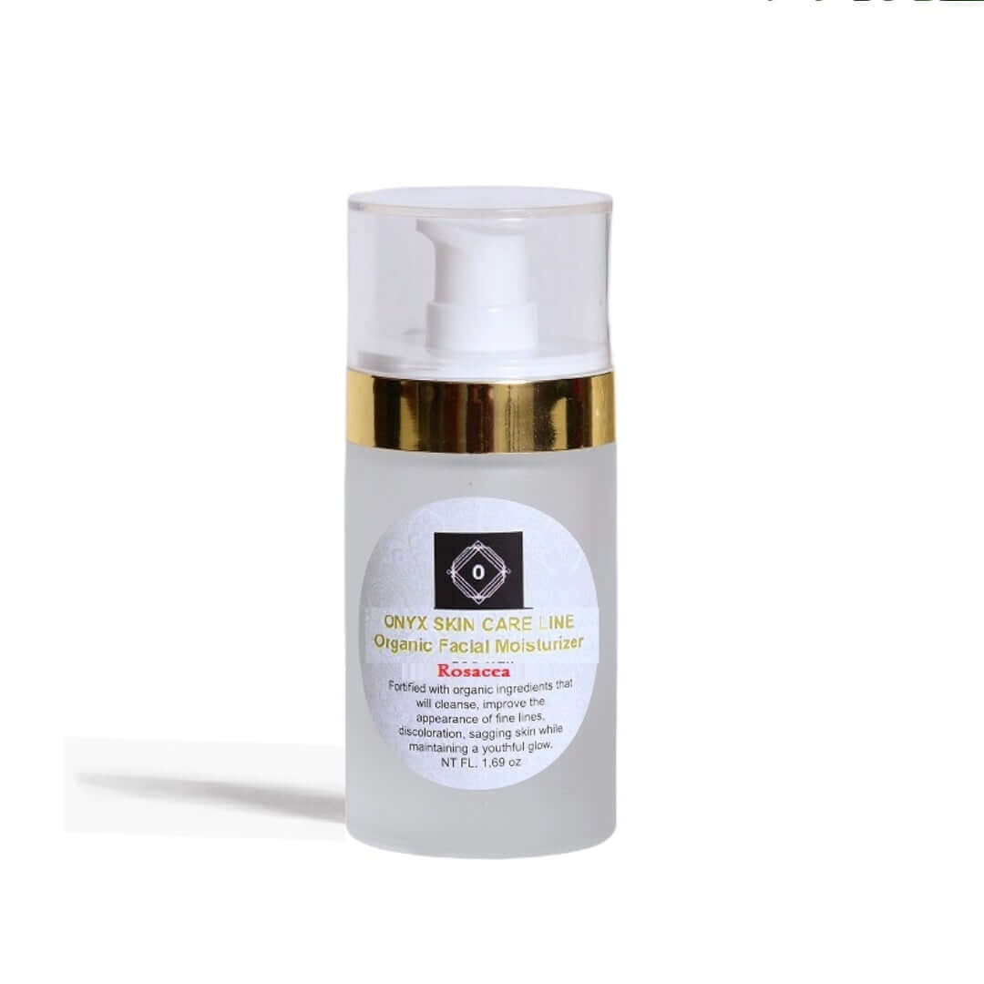 Organic moisturizer for rosacea in a sleek pump bottle for soothing rosacea prone skin.