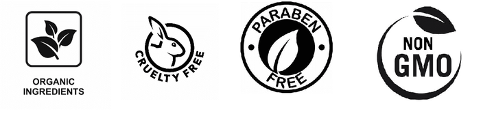 Logos indicating organic ingredients, cruelty free, paraben free, and non-GMO for the organic moisturizer for rosacea.