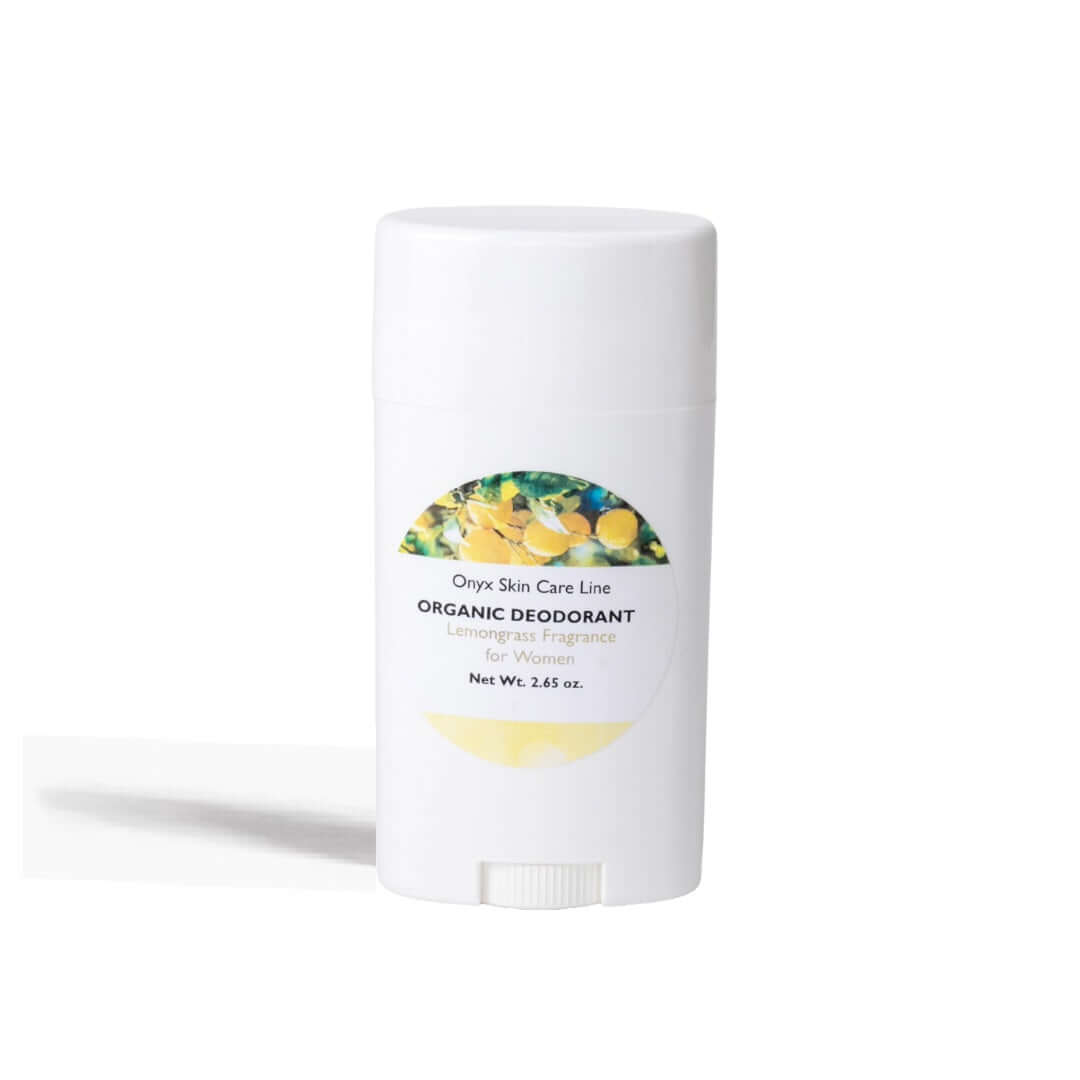 Onyx Skin Care Line organic lemongrass deodorant for women in a white stick container.
