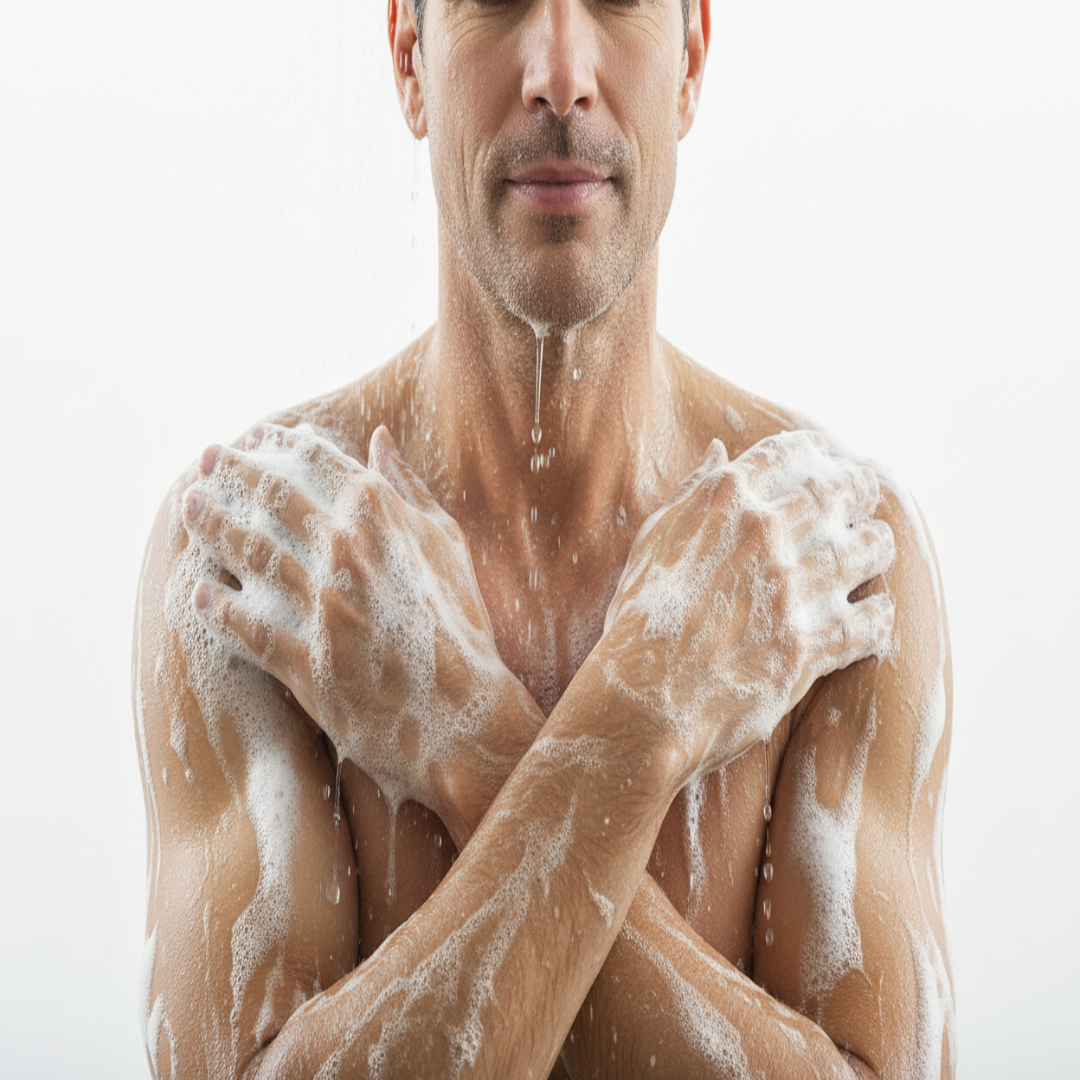 40 YEAR OLD MAN TAKING A SHOWER SHOWING LATHER ON HIS SHOULDERS AND ARMS WITH WHITE BACKGROUND
