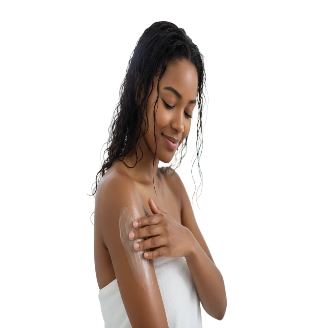 attractive african american young women apply lotion to her skin after a shower with a white background with out showing any product
