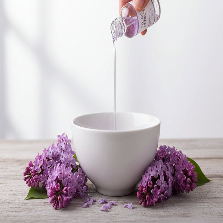 lilac extract being pored into a bowl with a white background and lilacs and the bowl on a table