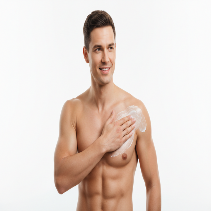 nice looking man applying lotion to his upper body with a white background without showing product