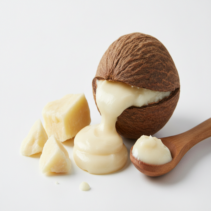 picture of a shea butter nut and the extract being extracted out of it on a table with a white background