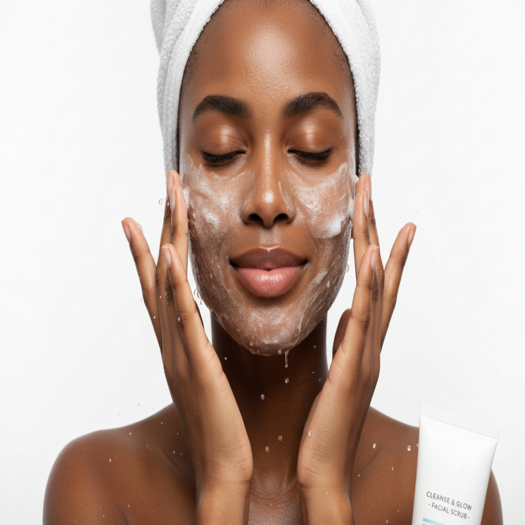 pictures of an attractive African American young adult washing facing with facial scrub with a white background