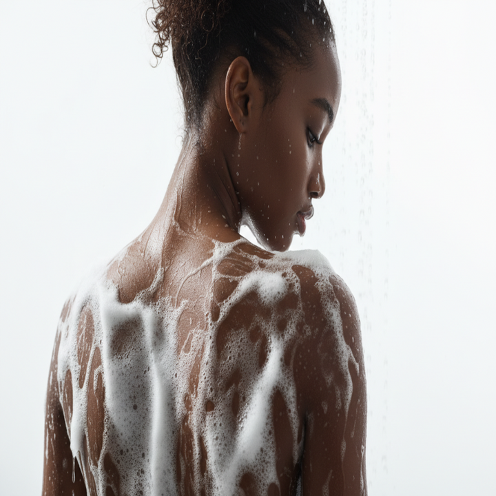 same young african american model previous used taking a showering showing the lather on her back with a white background