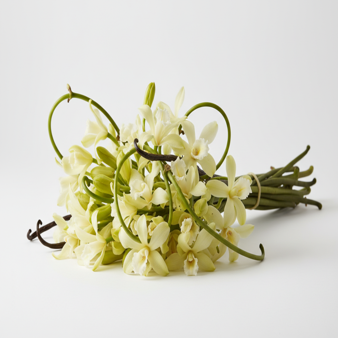 show a bushel of vanilla flowers where you get vanilla extract from on a table with white background