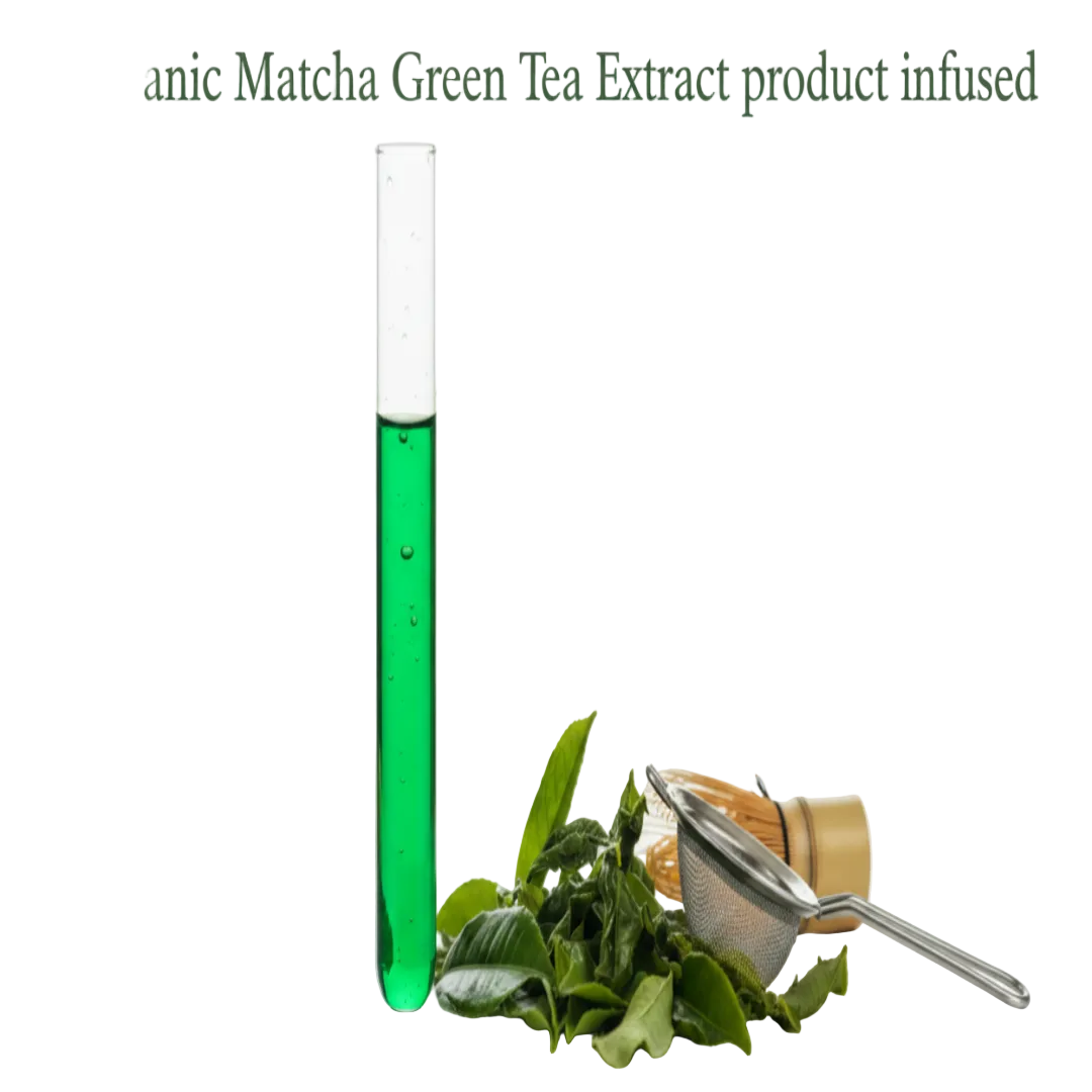 show a labortory tube with matha green tea extract in it on a table with a white background with matcha green leaves on the other side
