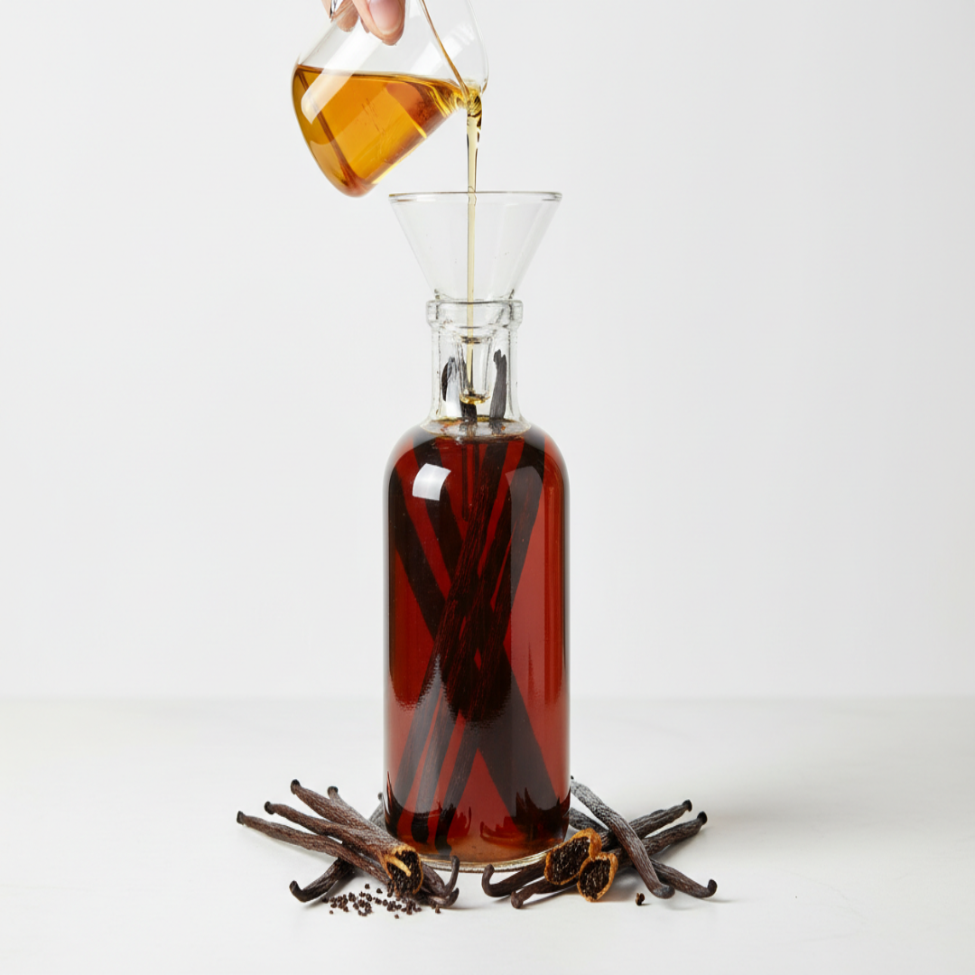 SHOW A VANILLA BEAN EXTRACT BEING EXTRACTED ON A TABLE WITH A WHITE BACKGROUND