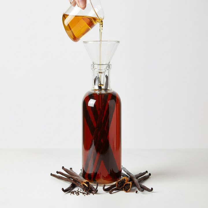 SHOW A VANILLA BEAN EXTRACT BEING EXTRACTED ON A TABLE WITH A WHITE BACKGROUND