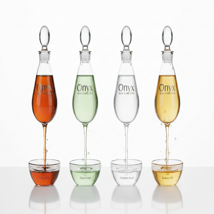 show in a laboratory extracts in difference bottles with onyx skin care line logo on the bottles being pored individual into a bowl on a table with a white background