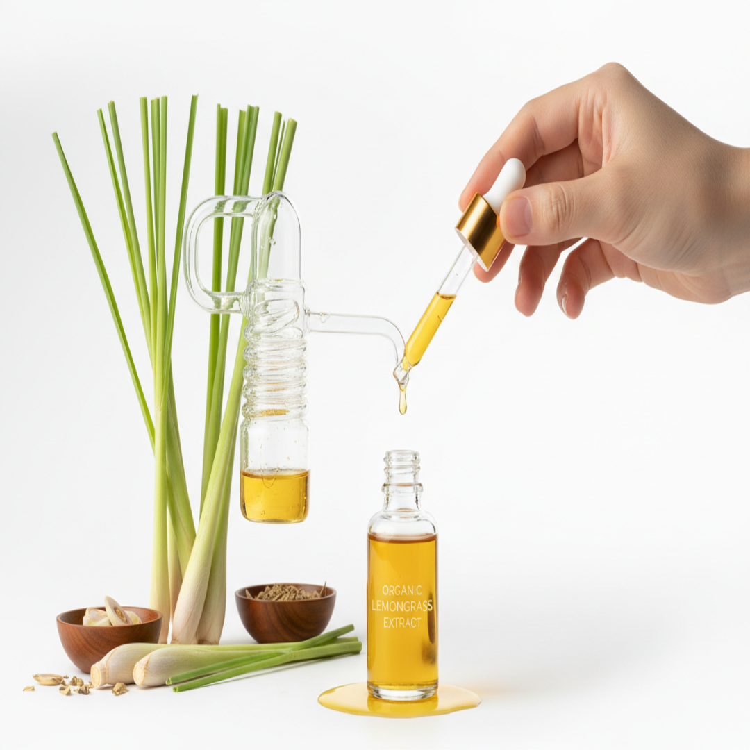 show organic lemongrass extract being extracted from lemongrass in a picture with a white background