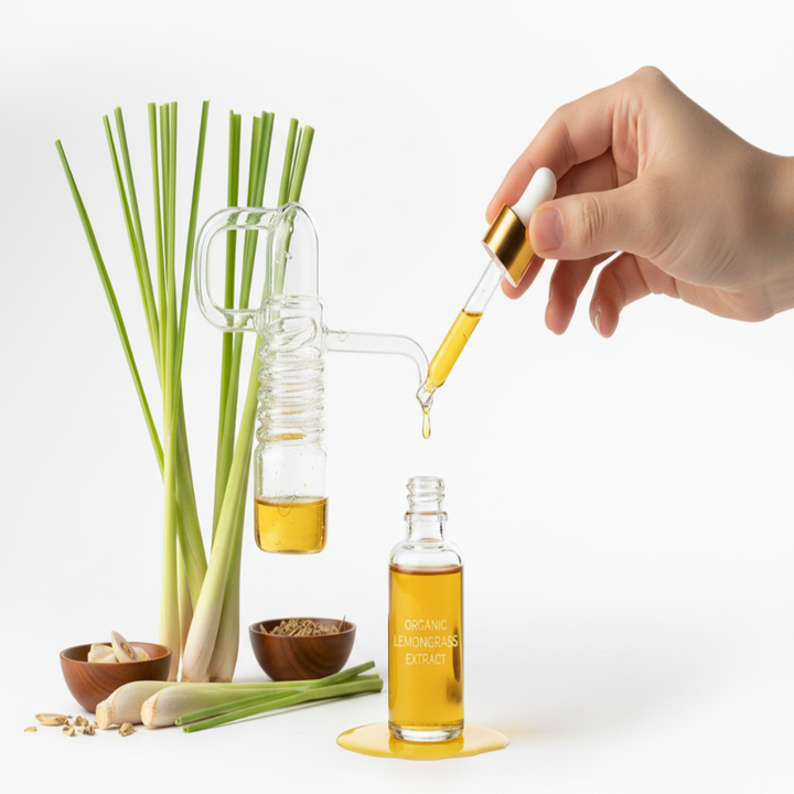 show organic lemongrass extract being extracted from lemongrass in a picture with a white background