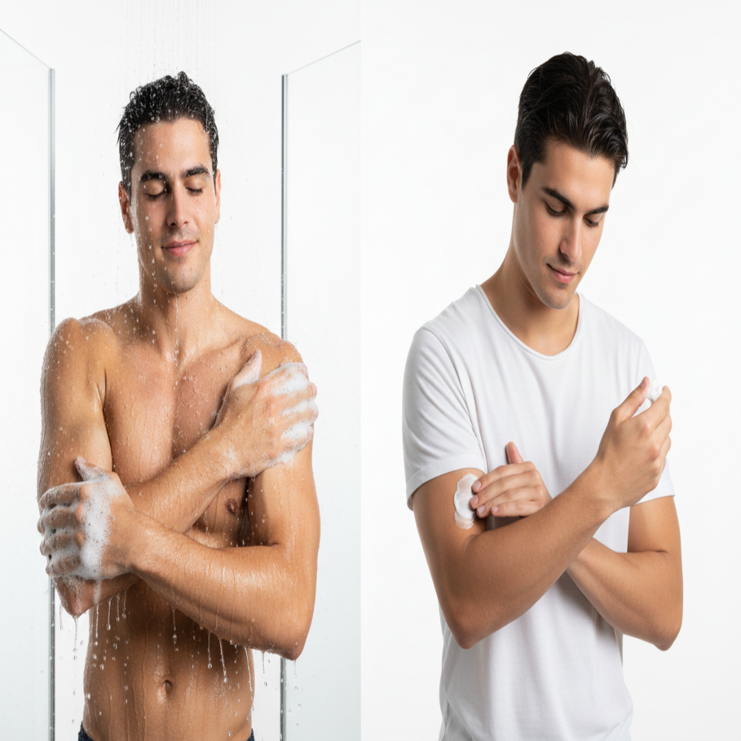 side by side  picture of a young attractive spanish man taking a shower lathering it on his arms and in the picture next to is the same man applying lotion with a white background