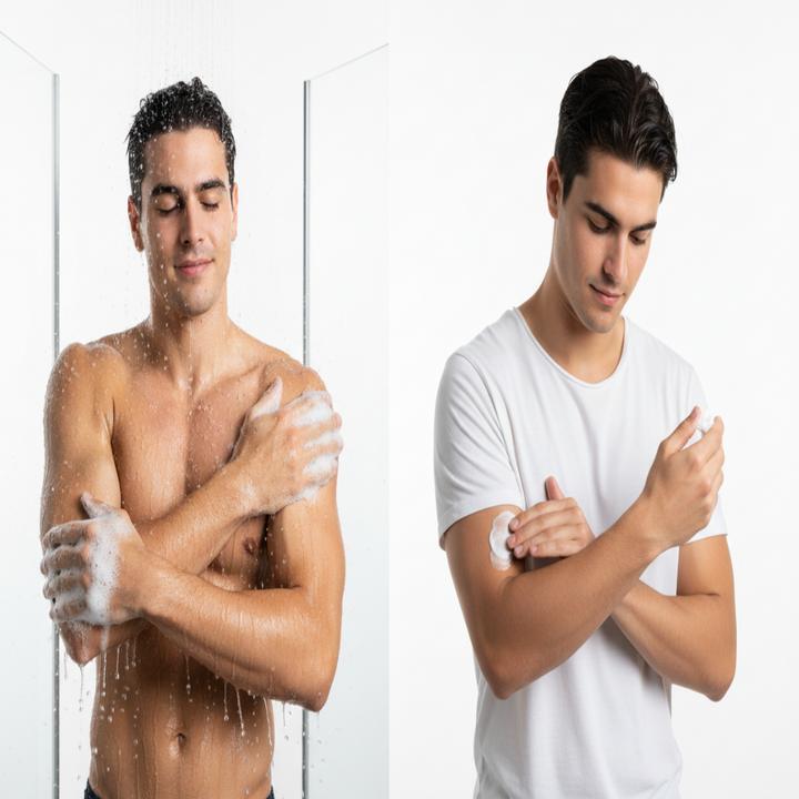 side by side  picture of a young attractive spanish man taking a shower lathering it on his arms and in the picture next to is the same man applying lotion with a white background