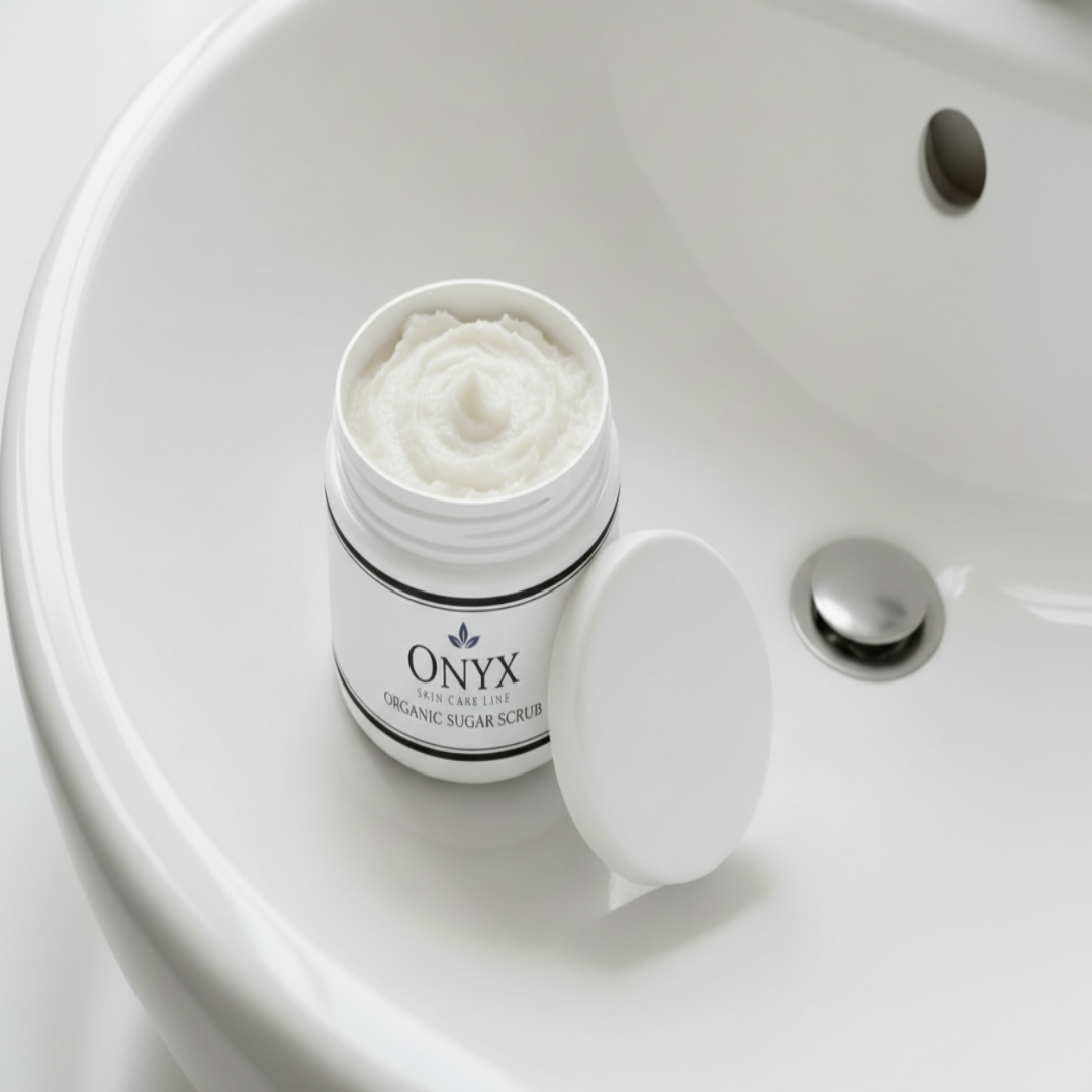 top picture of a open white plastic 8 oz jar of  egg shell color sugar scrub resting on a bathroom sink with the working Onyx Skin Care Line Organic Sugar Scrub labels on the side of the jar with a white background