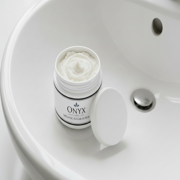 top picture of a open white plastic 8 oz jar of  egg shell color sugar scrub resting on a bathroom sink with the working Onyx Skin Care Line Organic Sugar Scrub labels on the side of the jar with a white background